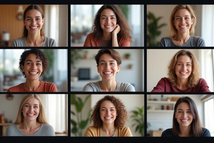 Un gruppo eterogeneo di persone di diverse età e generazioni che partecipano a una conversazione in un ambiente virtuale rilassato, mostrando connessione e supporto reciproco.