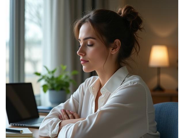 Persona in ufficio che pratica una breve sessione di mindfulness, con le mani sul cuore, in un ambiente professionale ma calmo.