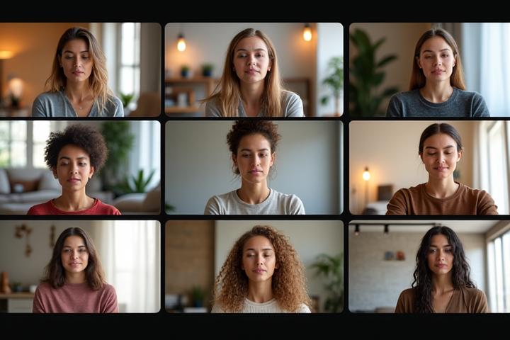 Gruppo di persone sorridenti e rilassate che partecipano a una sessione di meditazione guidata online, su schermi digitali.