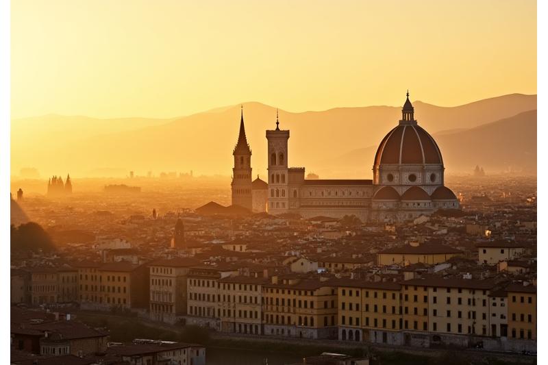 Vista suggestiva sui tetti di Firenze al tramonto, con il Duomo in silhouette, che evoca l'eleganza e la storia della città.