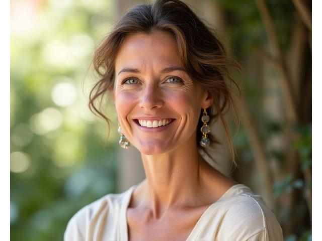 Fondatrice di VitaAurora, Isabella Rossi, con uno sguardo ispirato e sereno in un ambiente luminoso e naturale che evoca benessere.