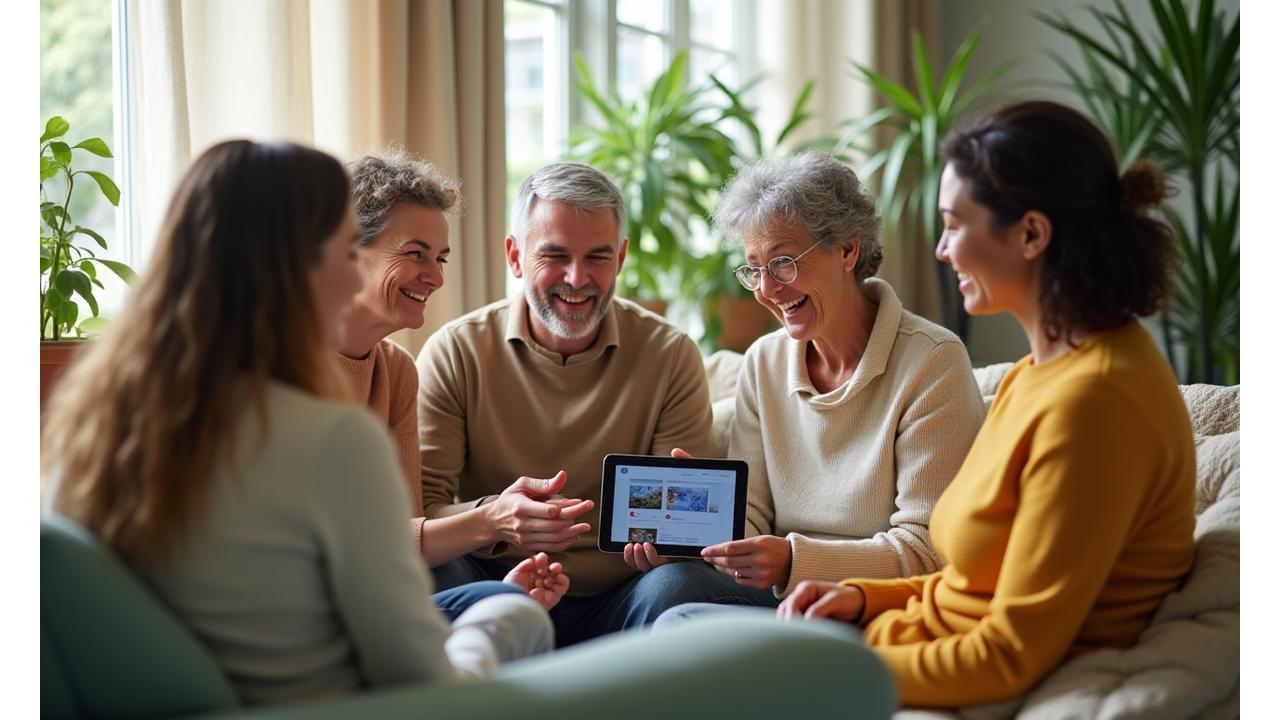 Un gruppo di persone sorridenti e connesse che discutono in un ambiente luminoso e accogliente, simbolizzando una community di benessere attiva.