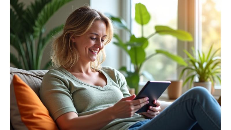 Una persona che naviga su un tablet sorridendo, con un ambiente sereno e piante che suggeriscono benessere, invitando all'interazione online.