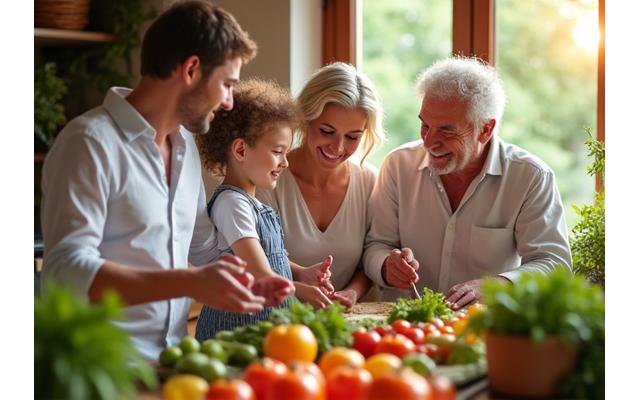 Famiglia felice che prepara un pasto sano insieme, sorridendo e interagendo