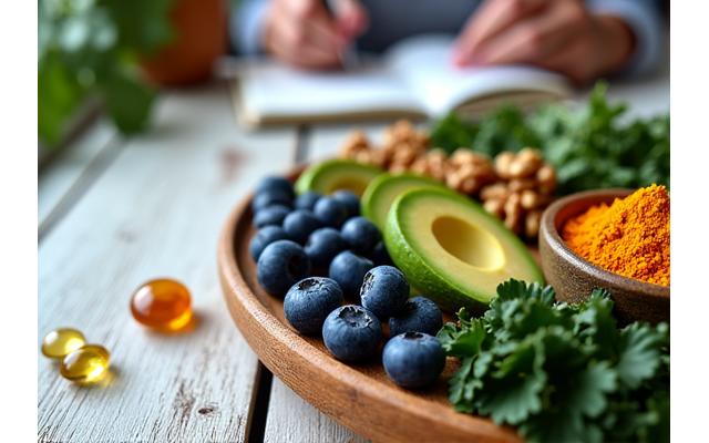 Uomo concentrato che lavora al laptop con una ciotola di frutta e verdura fresche, simbolo di performance cognitive