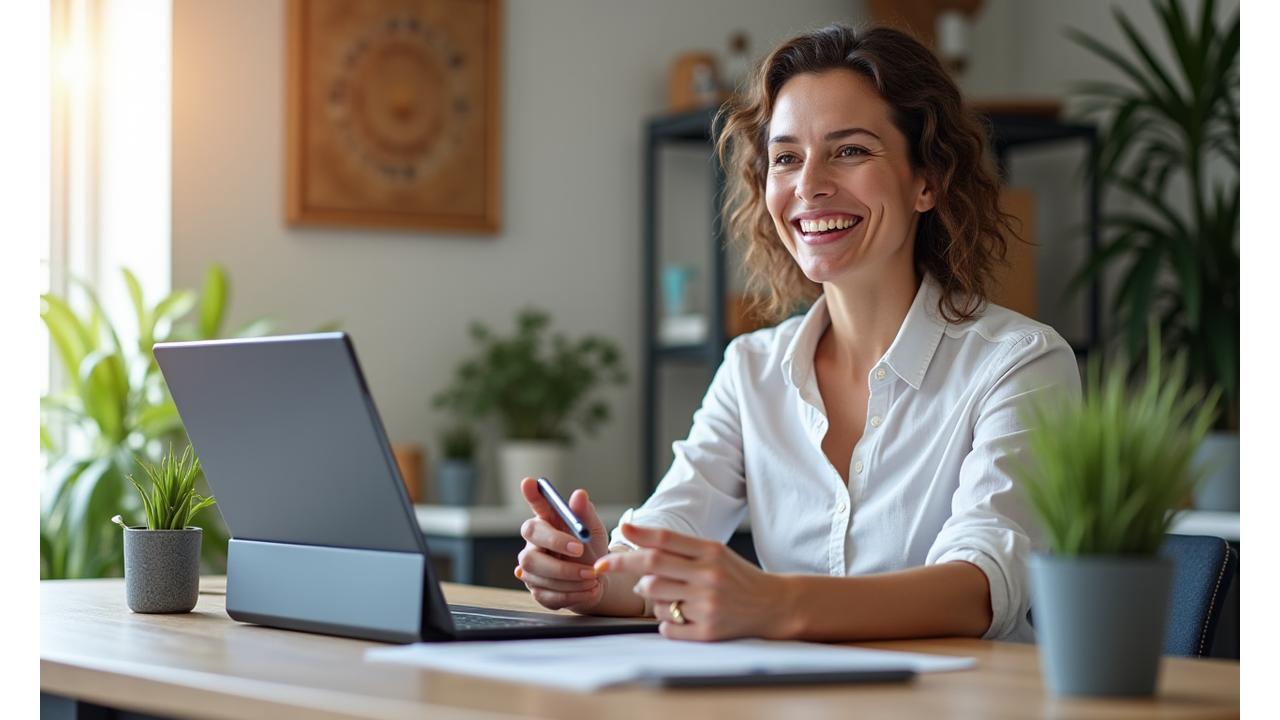 Una nutrizionista sorridente che interagisce con un cliente tramite videochiamata su un tablet, simbolo di consulenza esperta e accessibilità da remoto.