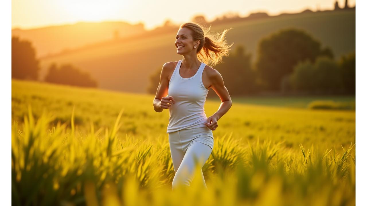Donna di 40-50 anni energica, sorridente, in un campo verde sotto il sole, che rappresenta vitalità ritrovata grazie alla micronutrizione. Atmosfera luminosa e naturale.