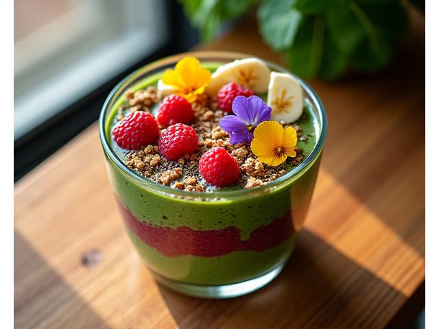 Smoothie colorato e vibrante con frutta, verdura e semi, in un bicchiere elegante su un tavolo di legno al tramonto.