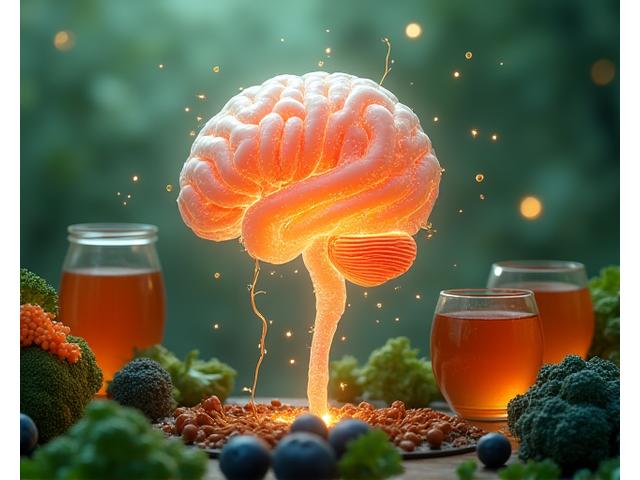 Rappresentazione artistica dell'asse intestino-cervello, con un sentiero che collega un intestino stilizzato a un cervello, circondati da alimenti fermentati e vegetali.