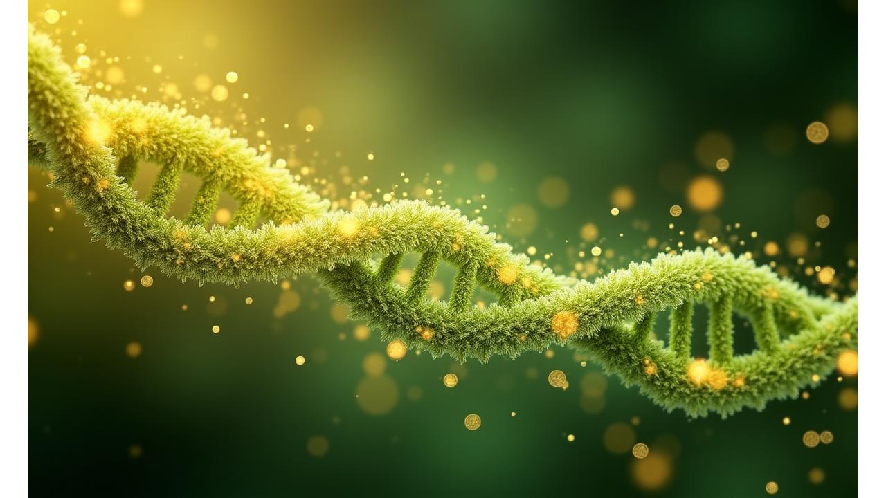 Infografica dettagliata che mostra la connessione tra apporto nutrizionale, espressione genica e salute cellulare, con elementi organici e vibranti.