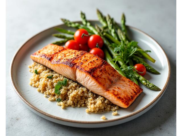 Un pranzo equilibrato e ricco di colori, con salmone, quinoa e verdure fresche, disposto armoniosamente su un piatto chic.