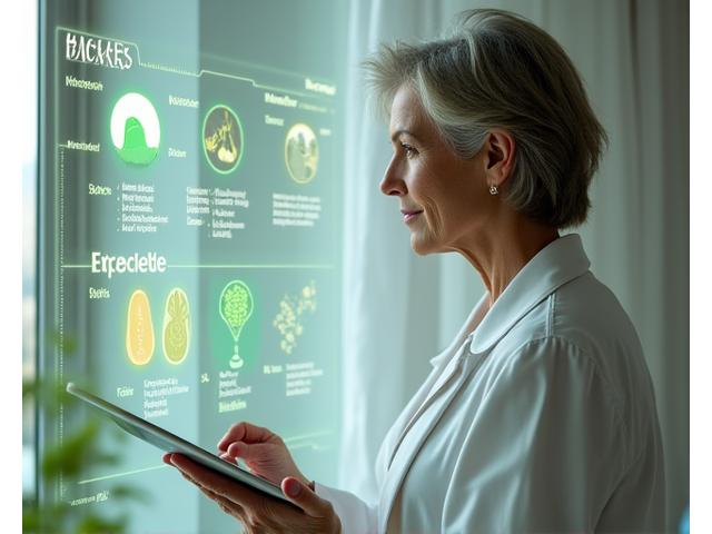 Donna che utilizza un tablet per un auto-assessment digitale, circondata da icone di salute olistica come nutrizione, esercizio e sonno.