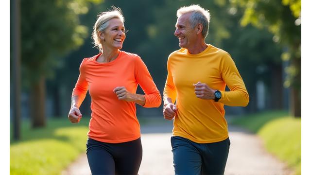 Una coppia adulta che fa jogging insieme in un parco, sorridendo e sostenendosi a vicenda.