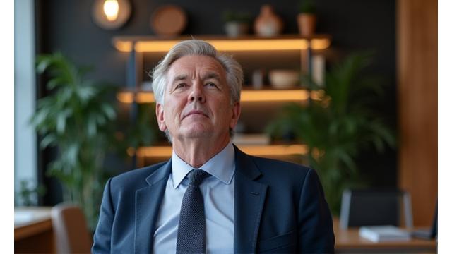 Un uomo d'affari sereno che medita nel suo ufficio, simboleggiando la gestione dello stress e il recupero.