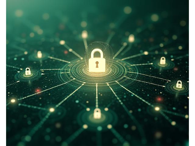 Immagine futuristica e astratta di una rete di dati illuminata, protetta da scudi digitali e firewall, con un lucchetto al centro, simboleggiante la sicurezza dei dati di VitaAurora.