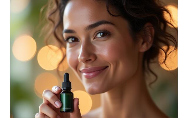 Donna sorridente che regge un integratore naturale, con sfondo sfocato di prodotti benessere selezionati con cura