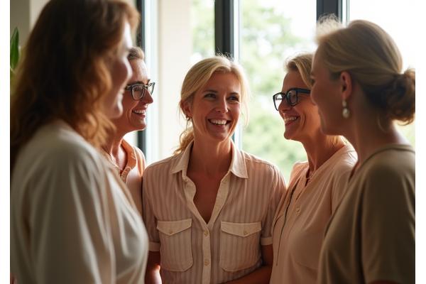 Gruppo di donne sorridenti che si abbracciano, simbolo di supporto e community