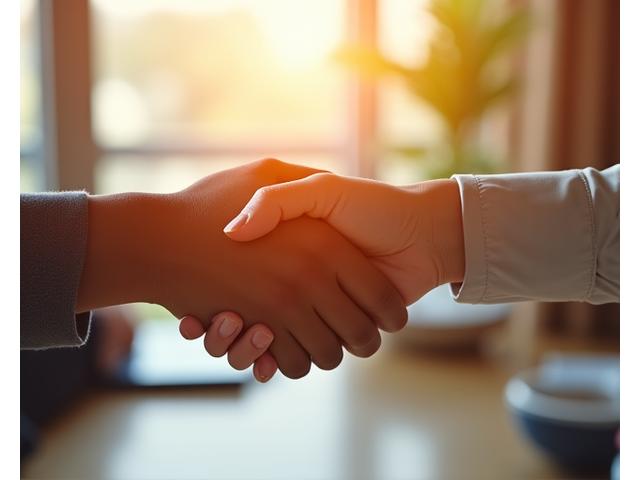 Due mani che si stringono in fiducia, su uno sfondo astratto fatto di sfumature verdi e oro, simboleggiando la risoluzione amichevole e la collaborazione