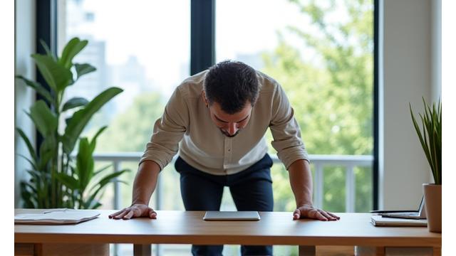 Professionista indaffarato in abiti casual che fa un veloce esercizio a corpo libero durante una pausa in ufficio moderno e luminoso