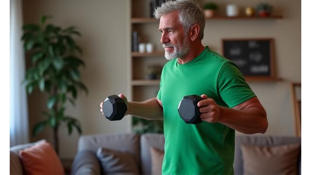Uomo di 50 anni che esegue un esercizio di forza con manubri leggeri in un soggiorno ordinato, mostrando concentrazione