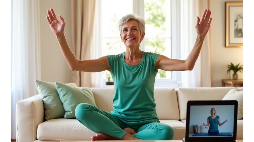 Donna sorridente di 40 anni che fa stretching yoga leggero di fronte ad un tablet, scena luminosa e invitante