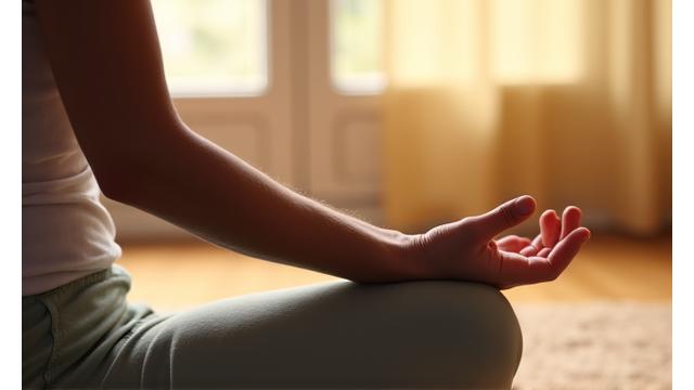 Persona di età media seduta serenamente in una meditazione guidata con movimenti lenti, luce soffusa e calma